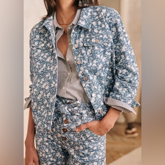 Sezane Jackets & Blazers - Sezane Wilfrield Jacket Jean Denim Two-Tone Blue Flowers Size XS